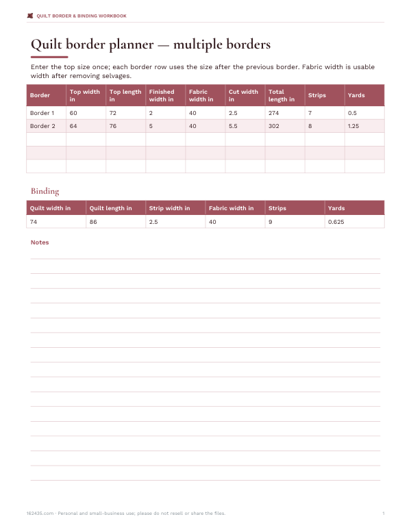 Preview of Printable Quilt Border Yardage Calculator